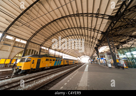 Immagine di panorama di Haarlem stazione ferroviaria, Haarlem, Olanda, Paesi Bassi con il treno in piedi sulla piattaforma. JMH5058 Foto Stock