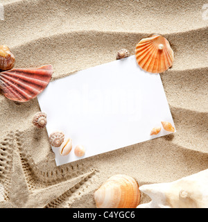 Copyspace carta bianca sulla bianca spiaggia di sabbia estate starfishand e conchiglie Foto Stock