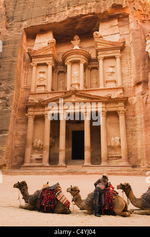 Petra, Nabataean Città di Pietra, Giordania sito patrimonio mondiale : cammelli resto davanti al "tesoro" Foto Stock