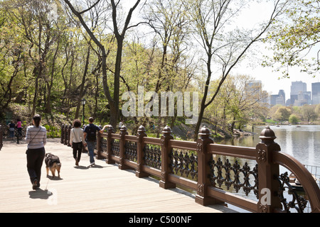 Ponte in legno di quercia presso Banca Rock Bay, il lago, al Central Park di New York Foto Stock