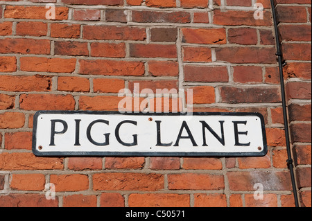 Tradizionale nome strada piastra fissata ad una parete di mattoni su Pigg Lane in Norfolk, Inghilterra. Foto Stock