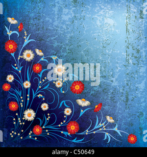 Abstract illustrazione grunge con fiori di colore bianco su sfondo blu Foto Stock