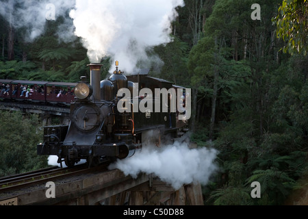 Questo secolo-vecchio treno a vapore è ancora in esecuzione sulla sua montagna originale in pista la scenic Dandenong Ranges Melbourne Australia Foto Stock