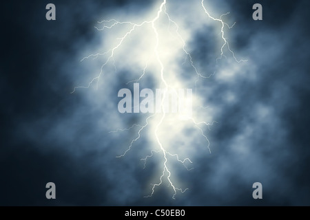 Illustrazione di un fulmine di notte con il cielo di sfondo Foto Stock