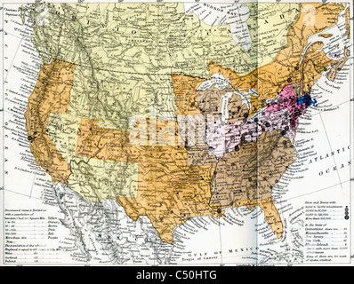 La mappa mostra la densità media della popolazione degli Stati Uniti d'America nel 1880 e del dominio del Canada in 1881. Foto Stock