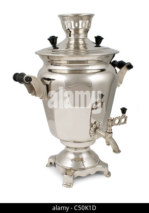 Vecchio tè russo samovar isolati su sfondo bianco Foto Stock