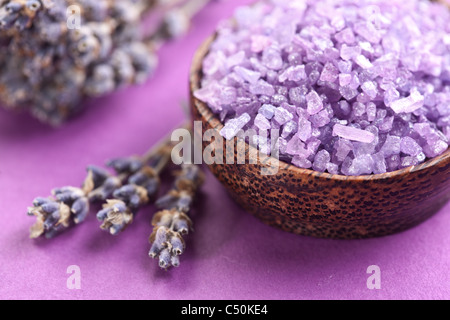 Sea-sale e lavanda essiccata su uno sfondo violetto. Foto Stock