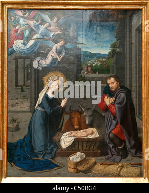 Dettaglio: la Natività con i donatori e i Santi Girolamo e Leonard, ca. 1510-15, da Gerard David Foto Stock