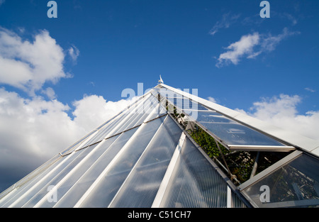 Il sistema di ventilazione per tetto utilizza finestre in vetro motorizzate per raffreddare l'aria all'interno della serra, Finlandia Foto Stock