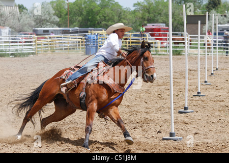 Pole racing sul cavallo evento che si svolgerà durante l annuale orientale indiano Shoshone giorni di eventi a Fort Washakie, Wyoming. Foto Stock