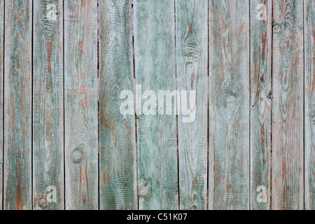 Un frammento di un vecchio, dipinta in verde, recinzione di legno Foto Stock