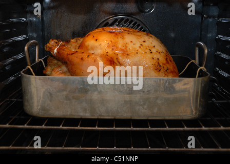 Una Turchia la cottura in un aperto teglia in un forno. Foto Stock