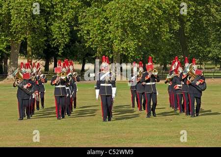 La banda militare di Blues e Royals giocando e marciando a un privato funzione reale di Windsor Great Park. JMH4997 Foto Stock