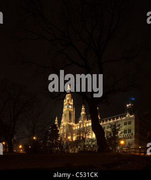 Il Rathaus o al municipio di notte. Vienna, Austria. Foto Stock