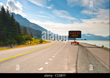 Segno lungo la strada dei viaggiatori di avvertimento di orsi nella zona, Valdez, Alaska centromeridionale, estate Foto Stock