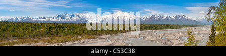 L'Alaska Range e Monte McKinley come si vede dai parchi e autostrada Fiume Susitna look out, Alaska Foto Stock