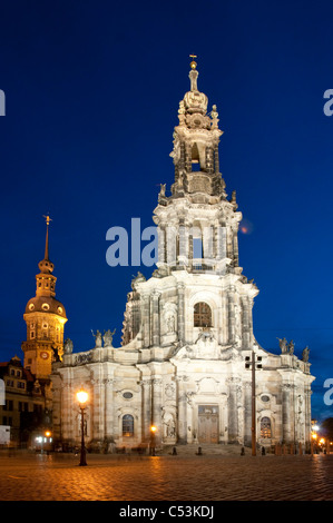 San Trinitatis, Santa Trinità di notte, Dresda, Sassonia, Germania, Europa Foto Stock