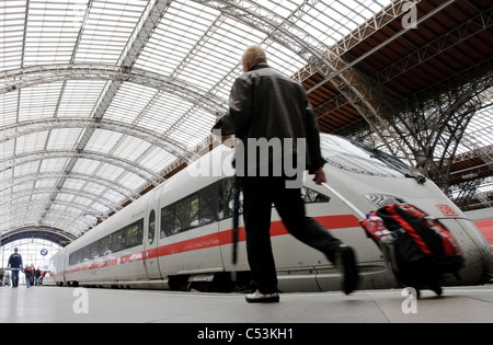 Uomo con una valigia a camminare verso il treno, stazione centrale di Lipsia, Lipsia, Sassonia, Germania, Europa Foto Stock