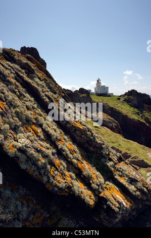 Il Lichen rocce coperte di fronte Skokholm faro Foto Stock