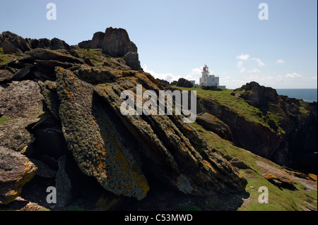 Il Lichen rocce coperte di fronte Skokholm faro Foto Stock