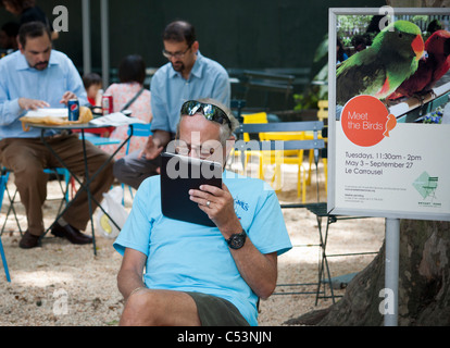 Un lettore utilizza il suo Amazon Kindle ereader in Bryant Park di New York il Mercoledì, 29 giugno 2011. (© Richard B. Levine) Foto Stock