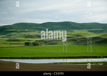 Alta tensione i fili di trasmissione attraverso terre di fattoria. Foto Stock