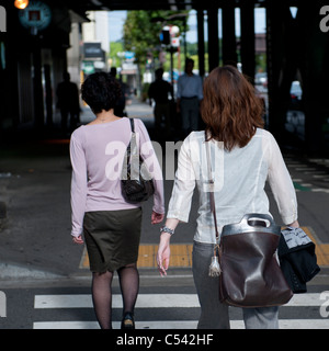 Vista posteriore delle donne attraversando la strada, Ginza Chuo Ward, Tokyo, Giappone Foto Stock