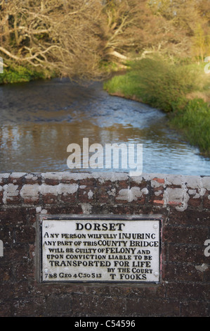 Un segno sul ponte sopra il fiume Frome a Bockhampton inferiore, mette in guardia contro le conseguenze della "volontariamente il ferimento di qualsiasi parte". Foto Stock