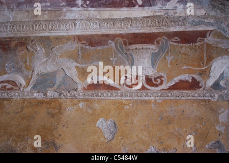 Affresco murale dettaglio dalle antiche rovine romane di Pompei, Campania, Italia Foto Stock