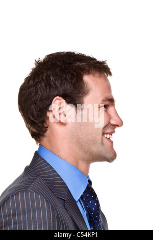 Foto di un imprenditore con una felice espressione sulla sua faccia, lato headshot isolato su uno sfondo bianco. Parte di una serie. Foto Stock
