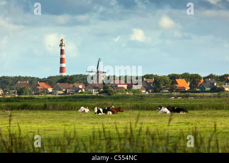 I Paesi Bassi, Hollum sull isola di Ameland, appartenente al mare di Wadden Islands. Unesco - Sito Patrimonio dell'umanità. Faro e lo skyline. Foto Stock