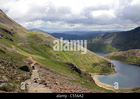 Glaslyn e Llyn Llydaw laghi sul PYG via nel Parco Nazionale di Snowdonia Wales UK Foto Stock