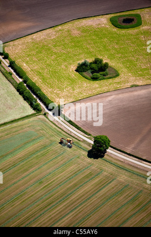 I Paesi Bassi, Buren, agricoltore lavora su pascoli con il trattore. Antenna. Foto Stock