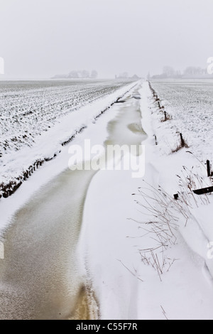 I Paesi Bassi, Uithuizen, neve in canal con la fattoria in background Foto Stock