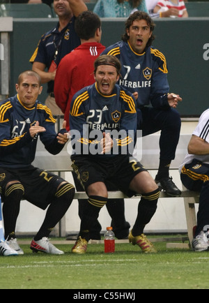 DAVID BECKHAM CELEBRA BRIAN PERK pena salvare per Galaxy la galassia della LA V SIRENE DI SEATTLE MLS CARSON LOS ANGELES CALIFORNIA Foto Stock