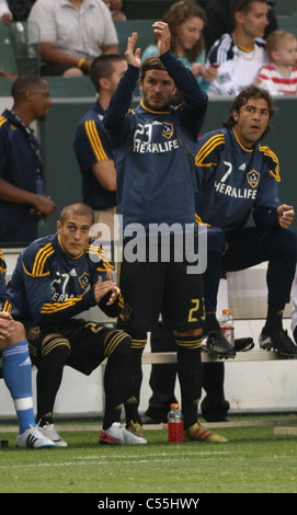 DAVID BECKHAM CELEBRA BRIAN PERK pena salvare per Galaxy la galassia della LA V SIRENE DI SEATTLE MLS CARSON LOS ANGELES CALIFORNIA Foto Stock