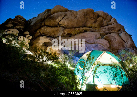 Tenda a cupola illuminata di notte, Joshua Tree National Monument, CALIFORNIA, STATI UNITI D'AMERICA Foto Stock