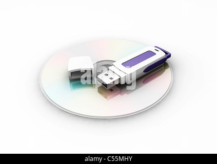 3D render di pen drive USB su CD Foto Stock