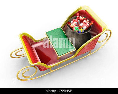 3D render di Babbo Natale con la slitta con un sacco di regali Foto Stock