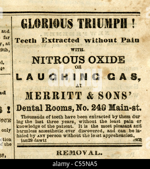 1867 incisione, "glorioso trionfo! Denti estratti senza dolore con protossido di azoto o gas esilarante.". Foto Stock