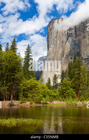 Parco nazionale di Yosemite El Capitan con il fiume Merced che scorre attraverso la valle di Yosemite Yosemite National Park in California Foto Stock