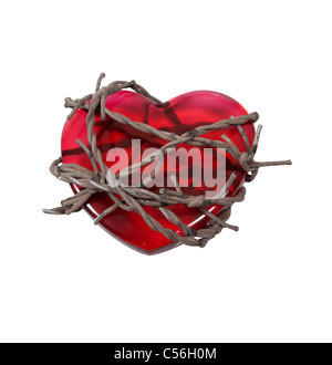 Sharp cablata spinato utilizzato come una barriera legato attorno ad un cuore rosso - percorso incluso Foto Stock