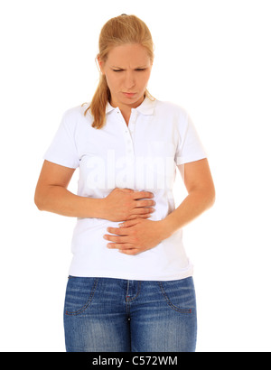 La donna soffre di stomachache. Tutto su sfondo bianco. Foto Stock