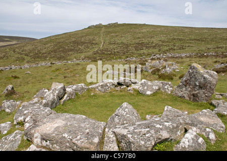 Resti della tarda età del bronzo insediamento di Grimspound su Dartmoor con Hookney Tor oltre Foto Stock