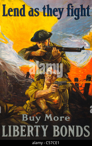 Prestare come essi lotta - Acquista più legami Liberty - USA WWI poster che mostra i soldati in battaglia, sparando con le proprie armi Foto Stock