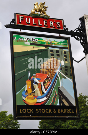 Bloccare le scorte e canna pub segno, Newbury, Berkshire, Inghilterra, Regno Unito Foto Stock