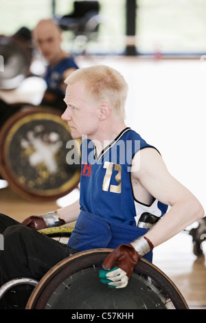 Para giocatore di rugby in carrozzella Foto Stock