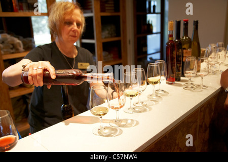 Versando red icewine nel campione bicchieri sul banco di Pillitteri estates winery niagara wine country niagara sul lago Foto Stock