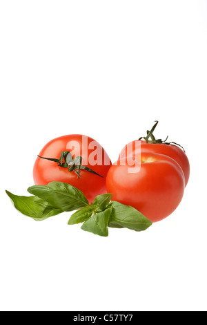 Tre pomodori maturi con un rametto di basilico contro uno sfondo bianco Foto Stock