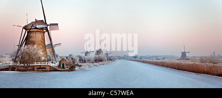 I Paesi Bassi, Kinderdijk, mulini a vento, Sito Patrimonio Mondiale dell'Unesco. L'inverno. Vista panoramica. Foto Stock